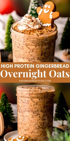 an overnight oats recipe in a jar with gingerbread on top and the words high protein gingerbread overnight oats