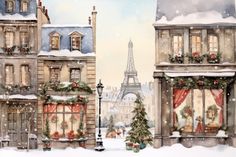 a painting of the eiffel tower in paris with christmas decorations on it's windows