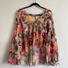 Shein Floral Blouse: Never Worn. Originally $16 Spring Party Blouse With Flowy Fit, Spring Party Flowy Blouse, Flowy Spring Party Blouse, Flowy Party Blouse For Spring, Flowy Multicolor Blouse For Spring, Flowy Multicolor Party Tops, Shein Tops, Floral Blouse, Orange Pink