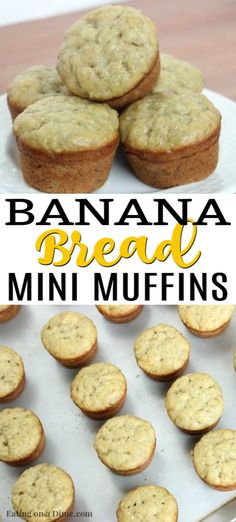 banana bread mini muffins on a white plate with text overlay that reads, banana bread mini muffins