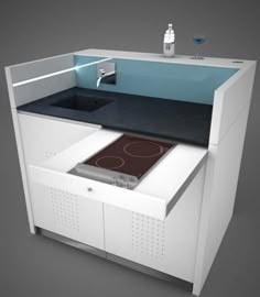 a kitchen with a sink, stove and counter top in white color on grey background