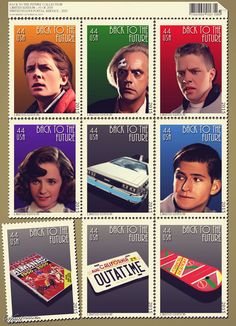 four postage stamps with the faces of actors and their names on them, all in different colors