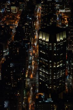 an aerial view of the city at night