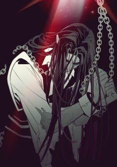 an anime character with long hair holding onto a chain and looking down at the camera