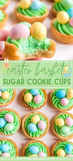 an easter cookie cupcake with green frosting and colorful eggs