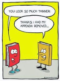 a cartoon book with a thought bubble saying, you look so much thinner thanks i had my appendix removed