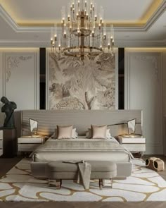 a bedroom with a large chandelier hanging over the headboard and foot board