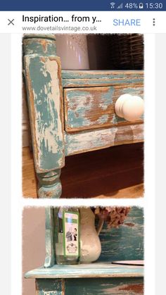 an old dresser has been painted blue and is being used as a shelf for storage