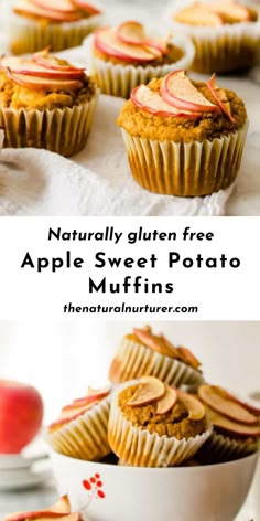 there are many muffins with apples on top and in the background, one has been cut into pieces