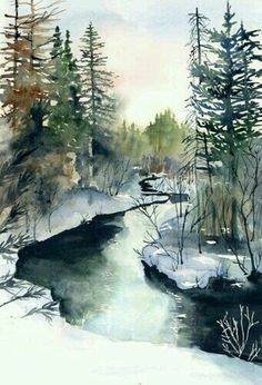 a watercolor painting of a stream in the snow with trees on either side and one lone tree at the far end