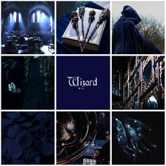 a collage of images with the words wizard written on them in blue and black