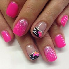 Short Nail Designs in 2020 Pink black nails, Pink gel nails, Glitter Pink Gel Nails Designs, Nail Designs Hot Pink, Pink And Black Nails, Pink Black Nails, Black Gel Nails, Pink Gel Nails, Light Pink Nails, Hot Pink Nails, Pink Gel