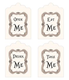 four tags with the words eat me and drink me