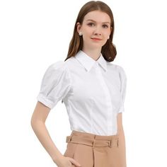 A basic button-down shirt features puff short sleeves bringing a touch of femininity and detail to any of the work-wear looks for added flair.
Made from lightweight soft cotton fabric, this puff sleeve button-down collar shirt drapes beautifully and ensures you stay comfy all day long.
Pair this work office shirt with shorts, work pants, or casual jeans. Puff Sleeve Shirt With Button Closure For Work, Office Shirt With Puff Sleeves And Button Closure, Solid Color Shirt With Puff Sleeves And Buttons, Classic Puff Sleeve Shirt With Button Closure, Workwear Puff Sleeve Padded Blouse, Puff Sleeve Shirt For Work, Puff Sleeve Padded Blouse For Work, Puff Sleeve Blouse With Button Closure For Work, Solid Short Sleeve Blouse For Business Casual