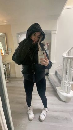 Leggings And Trainers Outfits, Legging Fits For School, Leggings And Puffer Jacket Outfit, Mirror Selfie Fit Check, School Fits Uniform, Leggings Hoodie Outfit, Cream Hoodie Outfit, Blonde Mirror Selfie, White Air Force Ones Outfit