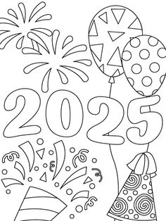 a coloring page with balloons and confetti for the new year