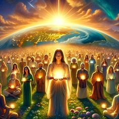 many people holding candles in their hands with the sun shining above them and earth in the background