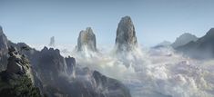 an artist's rendering of some mountains in the sky with clouds and trees on them