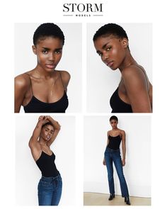 four different shots of a woman in black tank top and jeans with her hands on her head