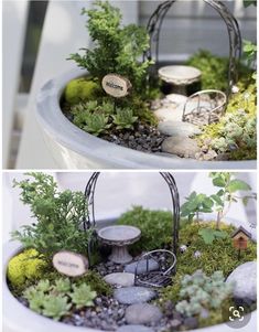 there are two pictures of a potted planter with rocks and plants in it