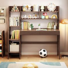 a child's room with bookshelves, desk and soccer ball on the floor