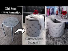 an old stool transformed into a ottoman with storage and re - purposed as a side table