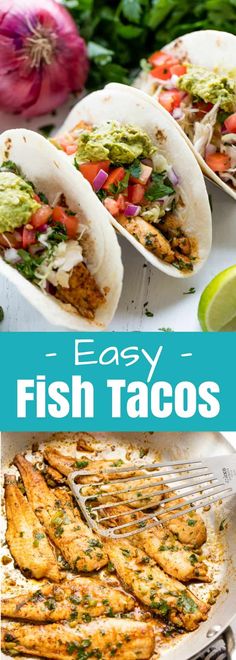 easy fish tacos with avocado, tomatoes and cilantro on the side