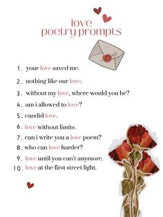 a poem with flowers and an envelope in the background that says love poetry prompts