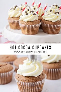 chocolate cupcakes with white frosting and sprinkles on top are shown