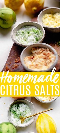 homemade citrus salts in bowls with lemons and watermelon