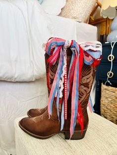 Trending cowboy boots with ribbon Preppy Cowboy Boots, Hoco Overalls, Uga Gameday, Cow Girl Boots, Country Girl Aesthetic, Modest Fashion Fall, Cute Cowgirl Boots, Belmont University