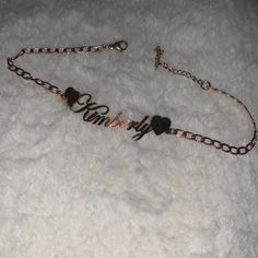 This Is A Beautiful Custom “Kimberly” Anklet With A Heart On Either Side Of The Name ! It Fits Anywhere From A 9 1/2”-11 1/2” Anklet - As It Has The Convenient 2” Extender! This One Will Never Tarnish- You Can Wear It In The Shower For Days, Weeks, Months - As Long As You Want. I Can Get Any Custom Name Plate Anklet, Bracelet, Or Necklace Made As Well However Per Posh Rules We Have To Do The Transaction Through Poshmark! This Will Come In A Small Jewelry Dust Bag Wrapped With Tissue Paper Ready Cheap Personalized Anklets For Gifts, Gold Chain Metal Anklets As A Gift, Custom Name Chain Bracelet Nameplate For Gift, Custom Name Chain Bracelet With Nameplate For Gift, Heart-shaped Metal Anklets As Gift, Name Plate Bracelet, Name Anklet, Anklet Bracelet, See Pictures