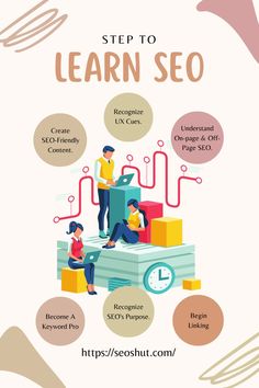 the steps to learn seo info sheet for bloggers and web trafficers, with an image of people working on a laptop