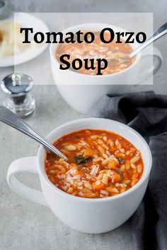 two white bowls filled with tomato orzo soup