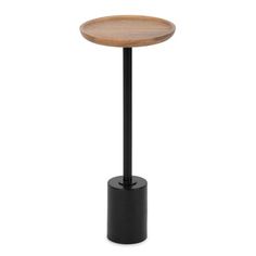 a black table with a wooden top and metal base