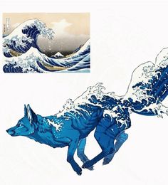 a drawing of a wolf in the ocean with an image of a wave behind it