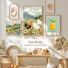 the children's world digital prints collection is displayed in front of a white wall