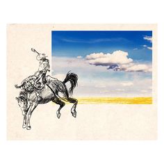 a drawing of a man riding on the back of a horse in front of a blue sky