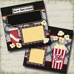 two pictures with popcorn and movie tickets on them