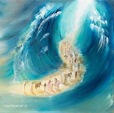 a painting of people standing on the beach in front of a large wave with blue water