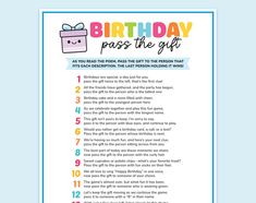 Bring some fun and laughter to the birthday party with this fast-paced Pass the Prize game! Just take turns passing the prize around by following the playful clues - great way to keep everyone involved and entertained at any birthday party, especially for kids and teens! Alternative design you might like BIRTHDAY PASS THE PRIZE https://www.etsy.com/listing/1808603982 DOCUMENT SIZES You will get documents in these sizes ⦁ 8.5'' x 11'' - US Letter Size ⦁ 8.5'' x 11'' - US Letter Size - 2 Cards per page DIGITAL DOWNLOAD This is a digital download, no shipping is included. HOW TO DOWNLOAD Your files will be available for download once the payment has been confirmed. If you have any problems with accessing your download, please just message me. HOW TO PRINT AND PREPARE Use your home printer or Pass The Prize Kids Birthday Game, Birthday Party Pass The Gift Game, Birthday Gift Opening Games, Pass The Prize Birthday Game, Pass The Gift Game Funny, Pass The Gift Game Birthday, Pass The Parcel Ideas, Gift Passing Game, Pass The Present Game