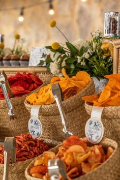 several baskets filled with different types of food