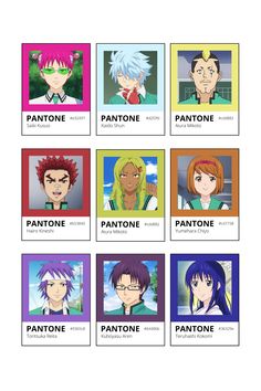 anime characters with different hair colors and names on them, including the name pantone