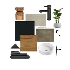 the bathroom is all different colors and sizes, including black, white, grey, wood