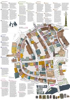 a map with lots of different buildings and streets in the city, including an area that has