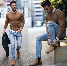 Já estamos com um pé nas datas comemorativas de fim de ano, e quando chega o início do mês de dezembro, começam a procura de look elegante para comemorar essas datas especiais com estilo. Mens Chelsea Boots, Strap Boots, Boots Chelsea, Camel Sweaters, Light Jeans, Suede Fashion, Mode Casual, Chelsea Boots Men