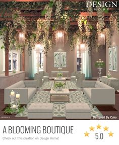 a living room filled with lots of furniture and flowers on the ceiling above it is an open