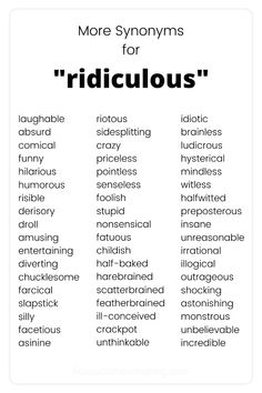 the words for ridiculous are shown in black and white, with an image of