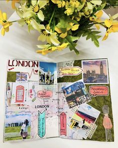 an open scrapbook with pictures and flowers on the cover, next to a bouquet of daffodils