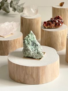 three different types of rocks on wooden bases